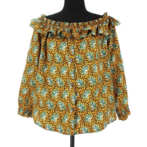 J. Crew Ratti Elephant Print Blouse Ruffle Trim Off Shoulder Green Yellow 12 - Picture 1 of 9